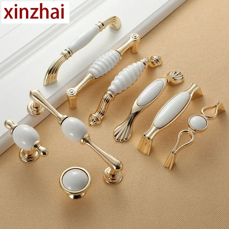 KKFING Gold Ceramic Handles Zinc Alloy Cabinet Pulls Wardrobe Drawer Knobs Shoe Cabinet Door Knobs Hardware Accessories