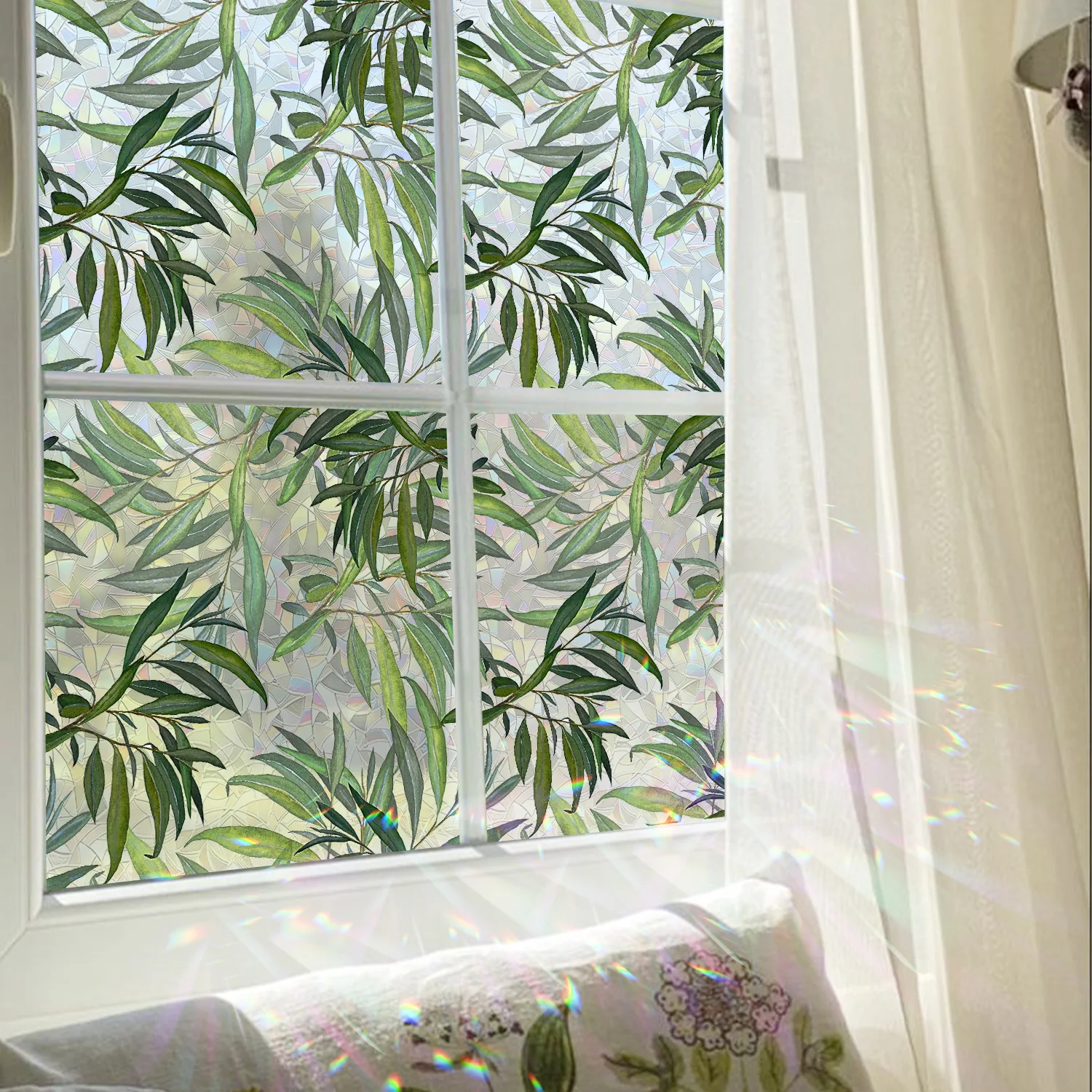 43x100cm Green Leaf Laser Window Film PVC Green Plant Electrostatic Privacy Window Stickers for Living Room Bedroom Glass Decor