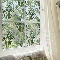 43x100cm Green Leaf Laser Window Film PVC Green Plant Electrostatic Privacy Window Stickers for Living Room Bedroom Glass Decor