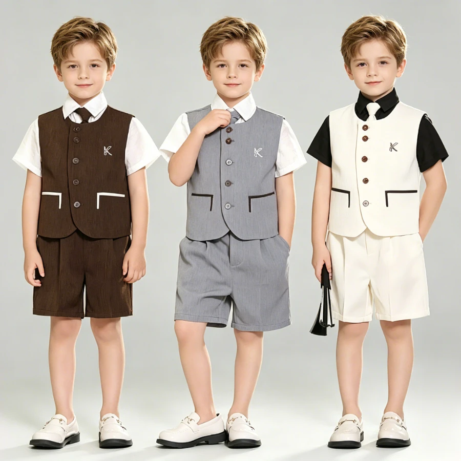 

Summer Boys 4Pcs Formal Suit Set Vest Shirt Shorts with Tie for Wedding Birthday Party School Host Performance Photoshoot Outfit