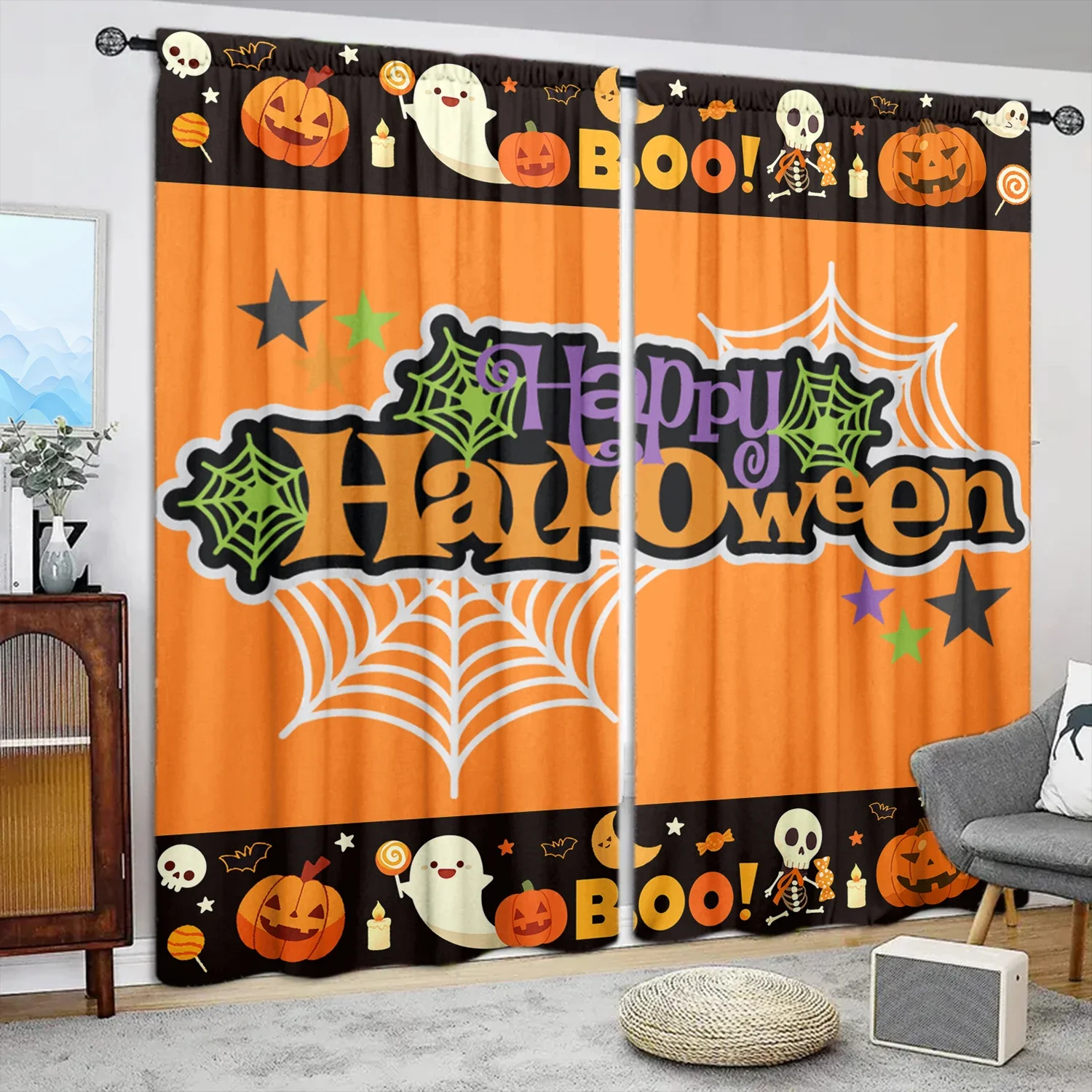 

2 шт., занавеска с принтом «Счастливый Хэллоуин» для домашнего декора - карман стержневым карманом для обработки окон для спальни, офиса, кухни, гостиной