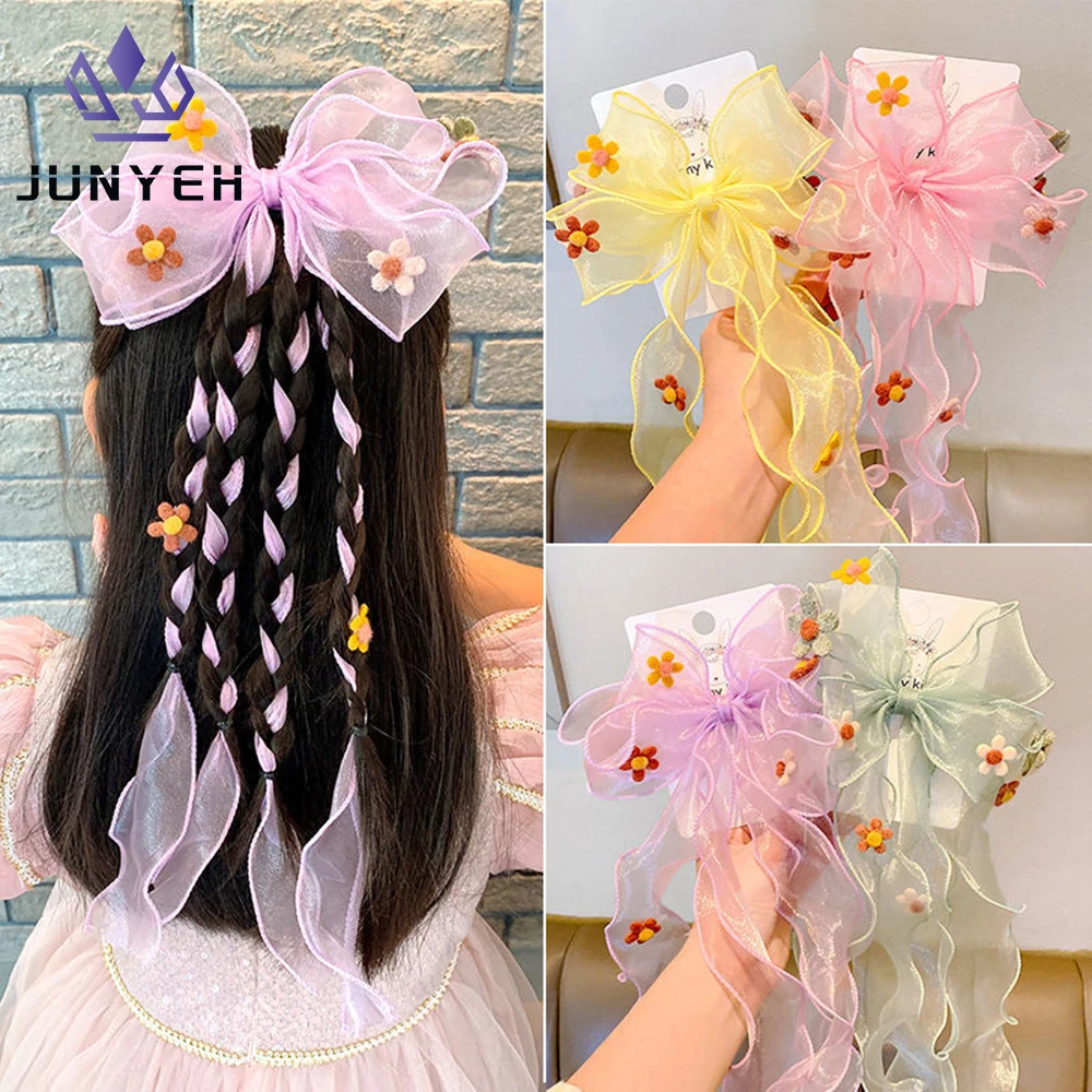 Students Hair Accessories Sweet Flower Bow Hair Clips For Girls Long Ribbon Chiffon Hairpin Children Kids Barrettes