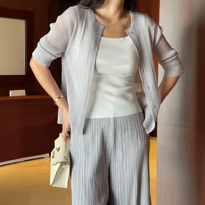Miyake Pleated Jacket 2026 Summer New Mesh Solid Long Sleeve Single Row Multi-Button Coat Casual Elegant Simple Versatile Tops