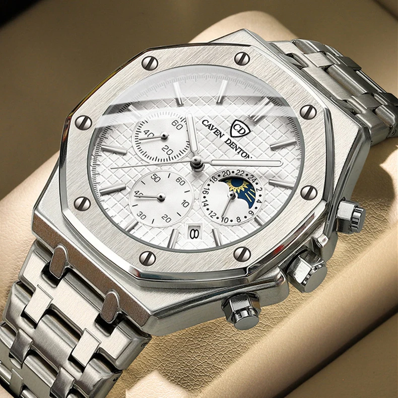 Waterproof high-grade three-eye six-pin multi-function moon phase steel belt multi-function men's watch