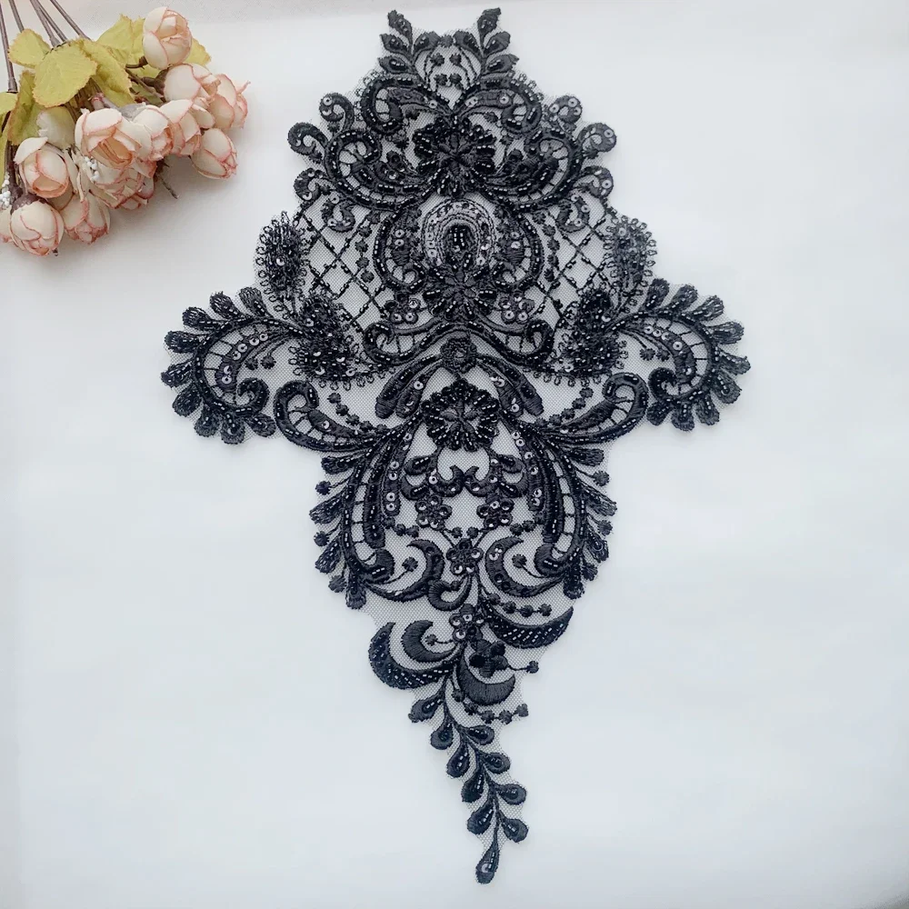 New Beaded Sequin Embroidery Lace Applique, Retro Black and Red, 2 PCs/Pack DIY Wedding Dress Accessories, Lace Flower Patches