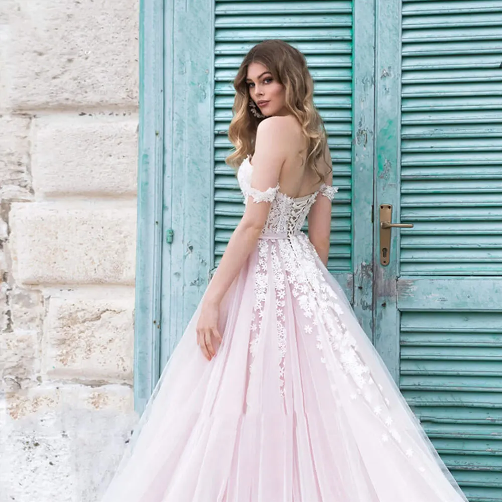 Vestidos de novia de encaje rosa claro para mujer, escote Corazón, apliques de flores 3D, ocasión de matrimonio, vestido de novia blanco, bata de playa 2024