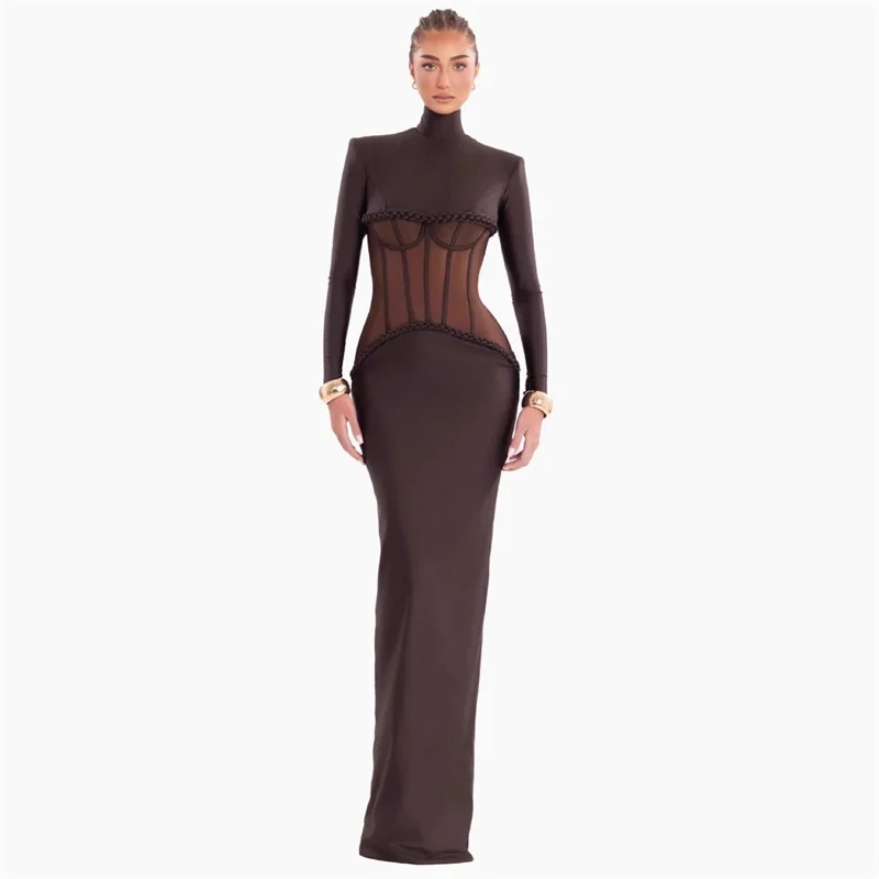

Elegant Brown Evening Dress Women 2025 Deep V Neck Long Sleeve Gown with Sheer Corset Back High Slit Formal Party Maxi Dress