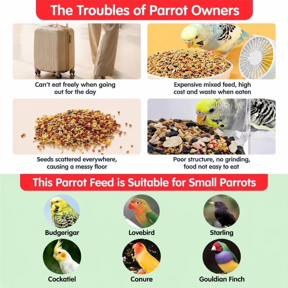 Large Capacity Bird Feeder Splatter Proof Auto Dispense Automatic Bird Feeder Husk Separation Long Food Box Parrot Feeder