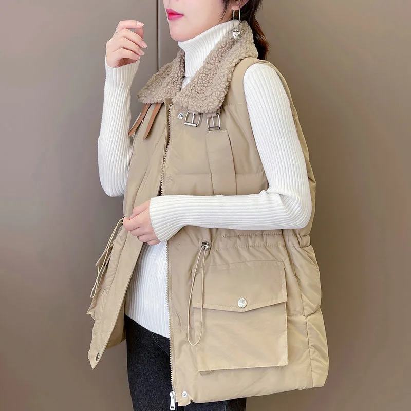 Chaleco con cuello de lana de cordero y solapa para mujer, Chaqueta de algodón de plumón de estilo coreano, Top de moda femenina, chalecos casuales cálidos