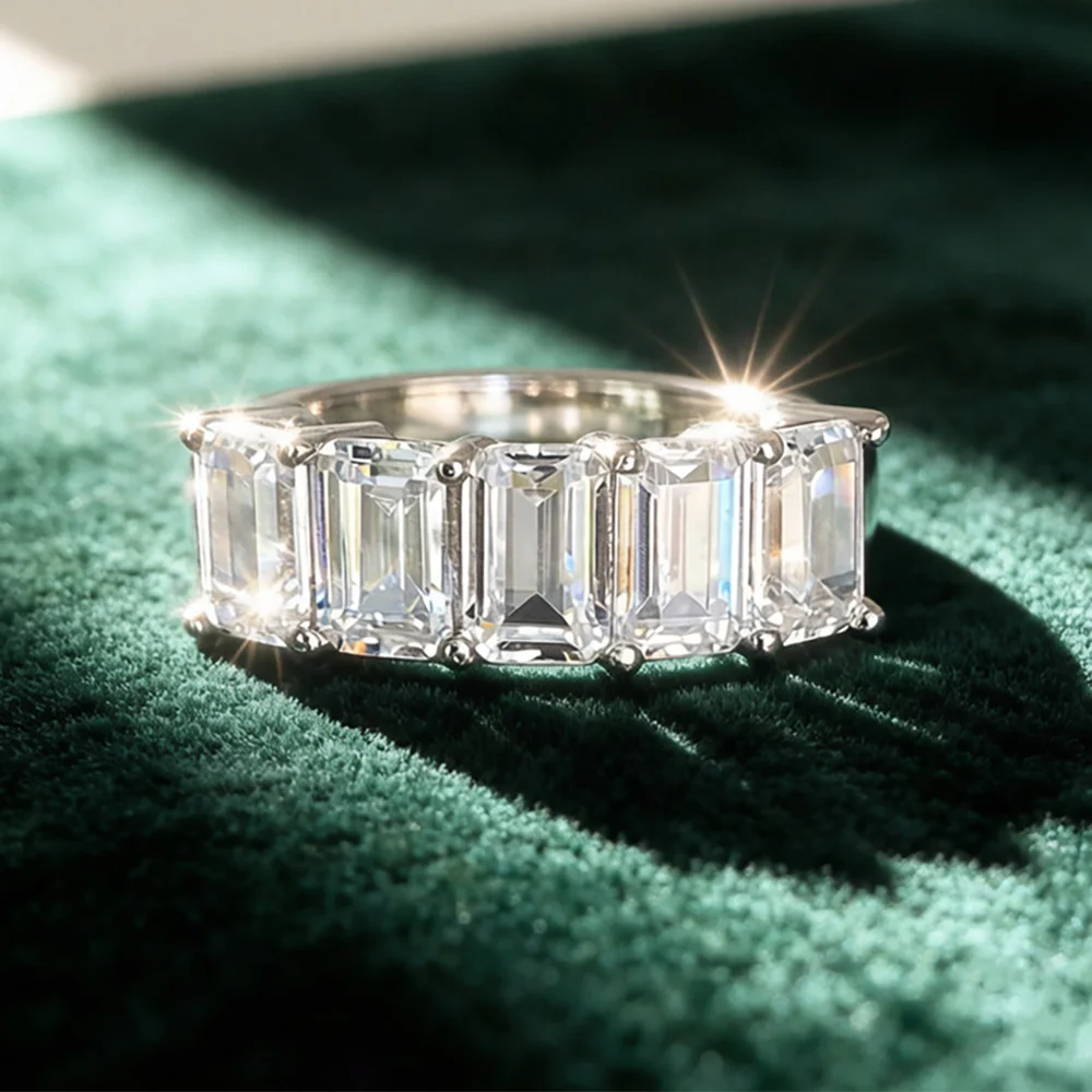 Serenity 4*6mm Emerald Cut Moissanite Row Rings for Women Men 4cttw Lab Diamond Wedding Rings S925 Sterling Silver Bands Jewelry