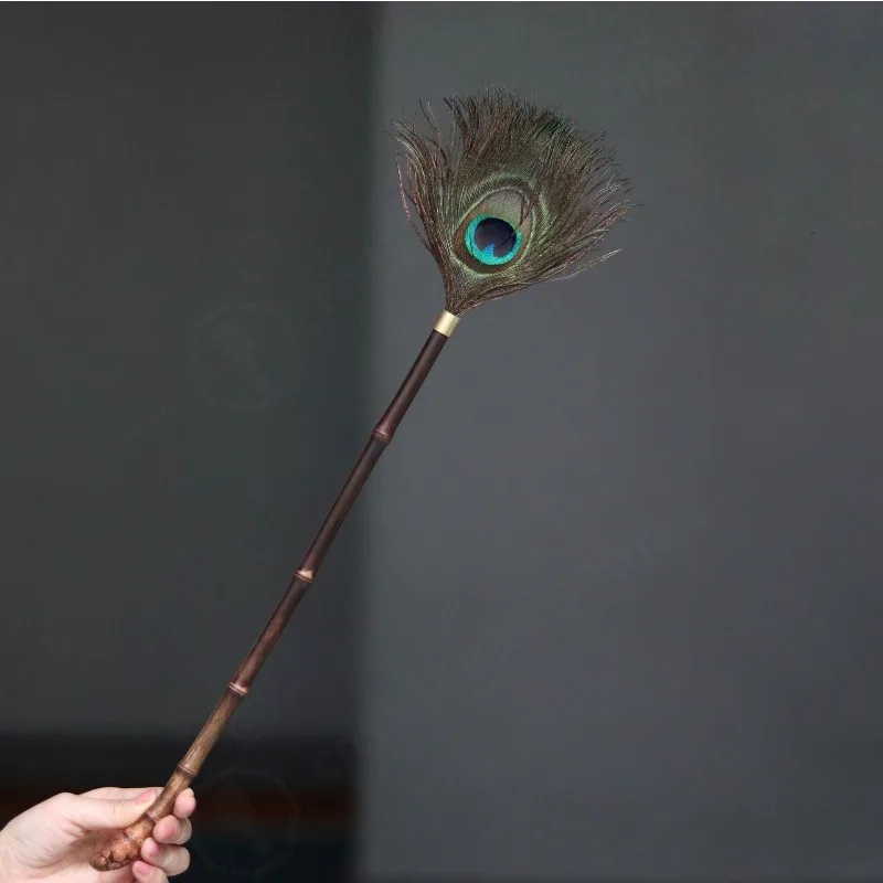 Handmade Purple Bamboo Handle Peacock Feather Duster Dust Cleaning Tool for Tea Table Buddha Statue Home Decor Craft Ornament