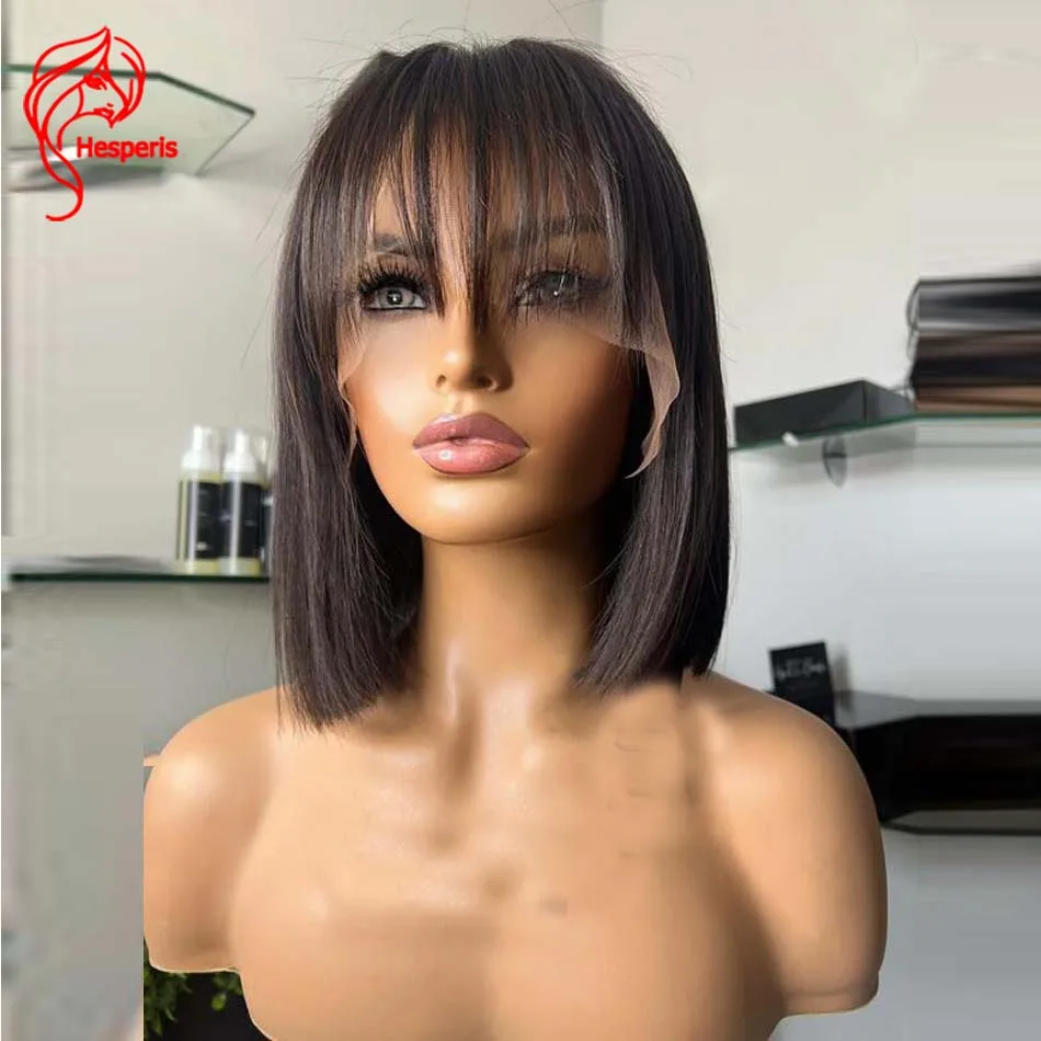 Hesperis Wear And Go Wig Brazilian Remy Short Bob Lace Front Wig With Bangs Human Hair 13X6 Deep Part Bob Cut Wig For Women