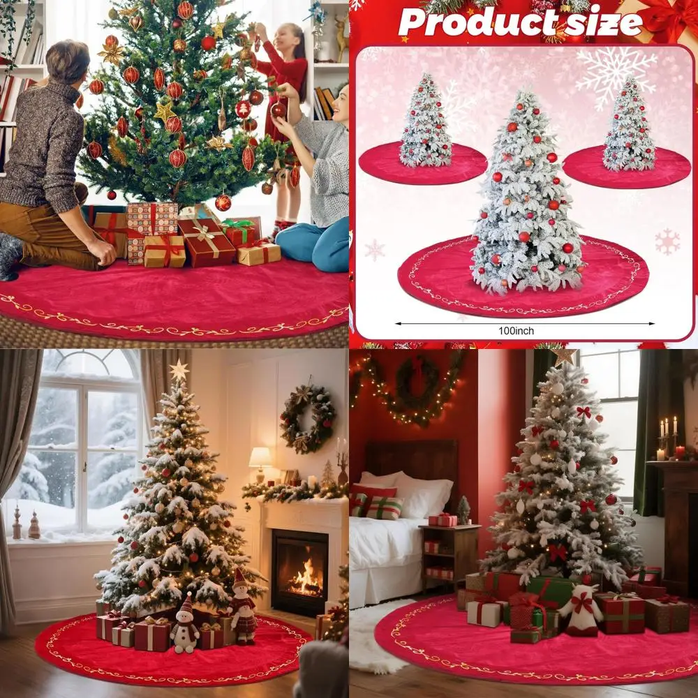 

Vintage Red Christmas Velvet Tree Skirt with Gold Embroidery, Rustic Holiday Decor and Party Favors
