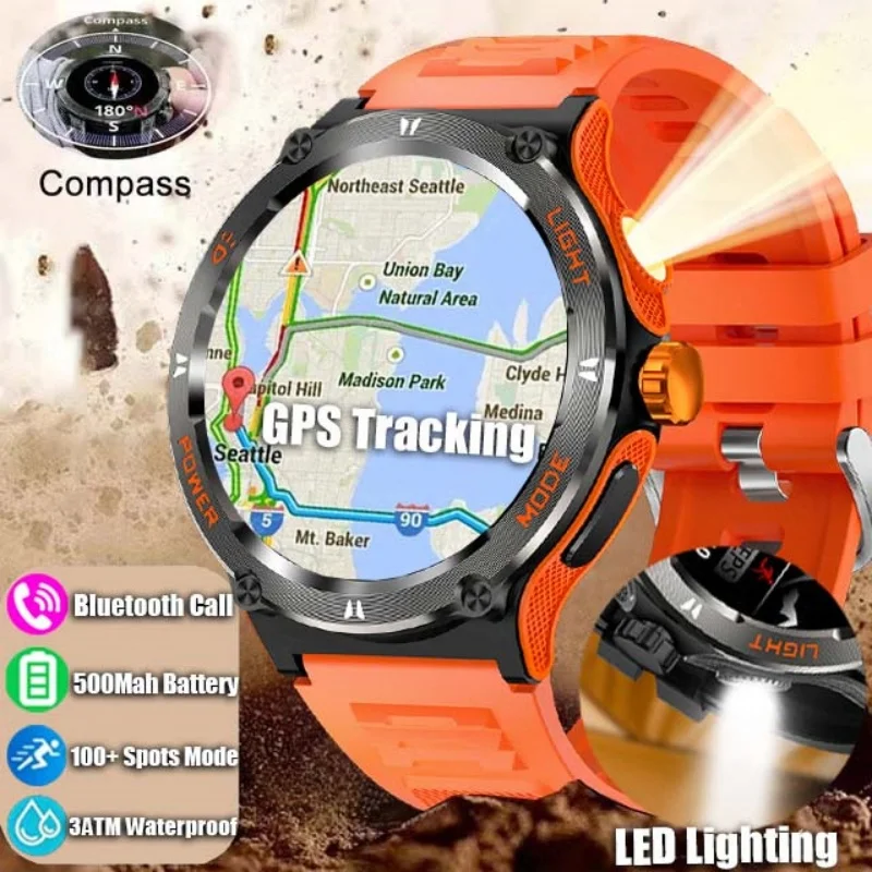 

New outdoor Military Smartwatch Men 3ATM Bluetooth Call Outdoor Sports Fitness Track 500Mah LED light Compass Smartwatches 2025