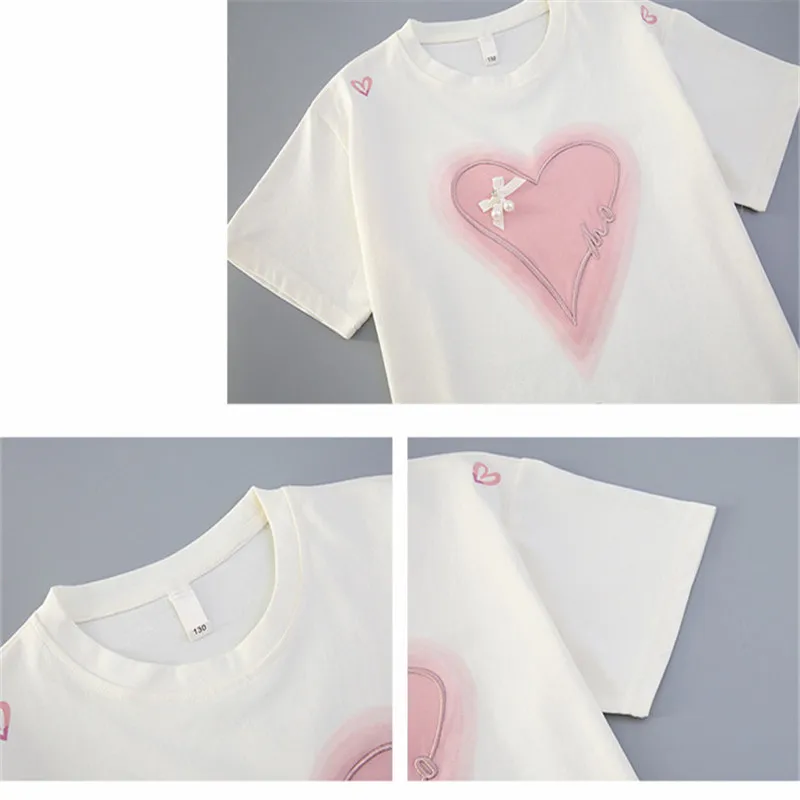 Summer Girls Heart T-Shirt + Khaki Shorts Set Child Short Sleeve Top and Bottom Clothes Set 2Pcs Korean Kids Suit 5 7 9 11 13 14 - Image 5