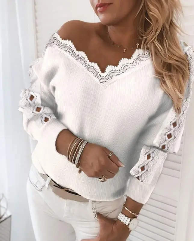 

Top Selling On Similar Deals Women's Casual Lace Trim Ribbed Cutout Long Sleeve Sweater V-Neck Pullover Daily Women Clothing