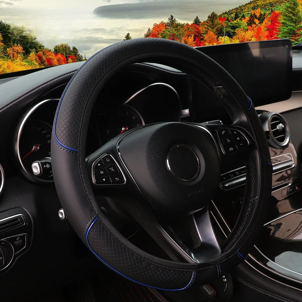 Universal 37-38cm Car Steering Wheel Cover Leather Embossed Blue Stripe Without Inner Ring Non-Slip Auto Accessory