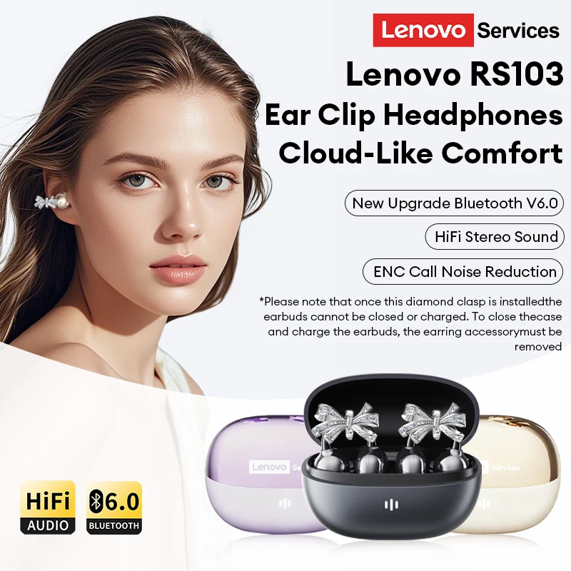New Lenovo RS103 Wireless Bluetooth 6.0 Ear Clip Earphones 360° Surround Sound Headphones 24H Long Battery Life Earbuds for Mic