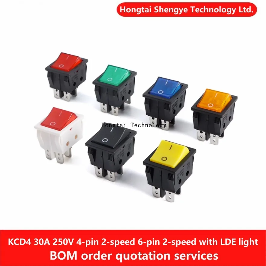 KCD4 30A Rocker Boat Switch KCD4-201N-B 4-pin 2-speed 6-pin 2-speed with 220V Black Blue, Yellow, Green, Red Light Power Switch