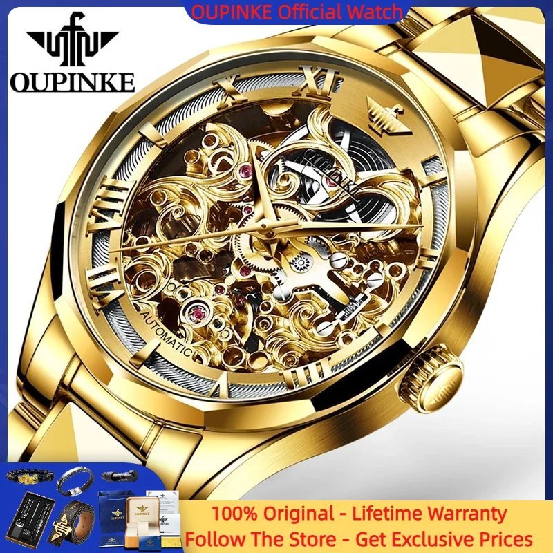 

OUPINKE 3168 Men Watch Luxury Gold All Automatic Mechanical Watch Hollow Out Sports Waterproof Tungsten Steel Original Men Watch