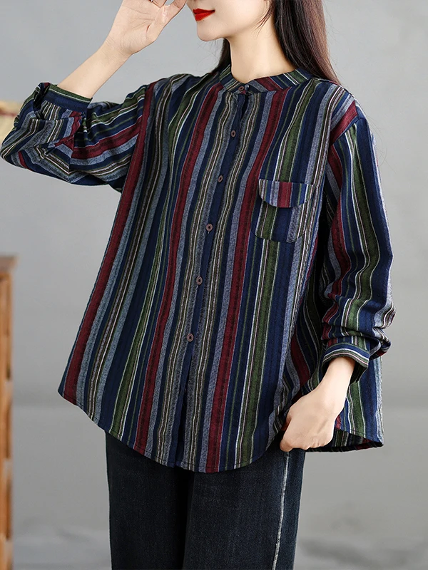

Women's Casual Stripe irt Loose Fit Vintage Sle plus Size Slimming Cotton Polyester round Ne Long Sve Button up