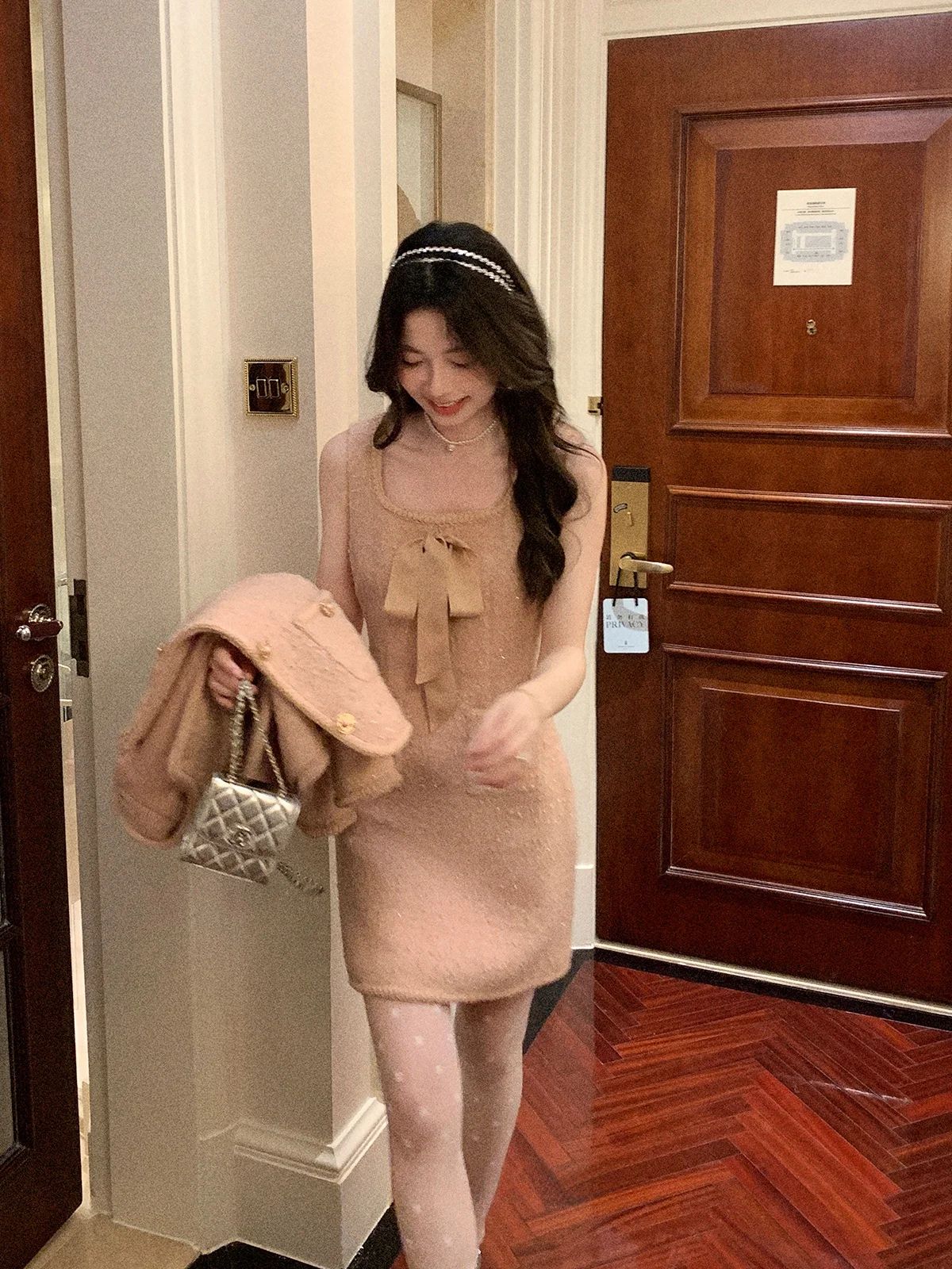 

Choco Dress Vest Dress Pink Fragrance Style Women's Winter Thousand Gold Dress Skirt Elegant Short Sleeve Slim Fit