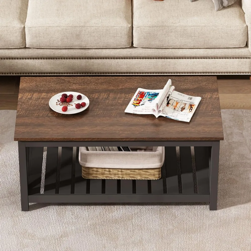 Coffee Table, Rustic Vintage Farmhouse Living Room Table with Shelf,
