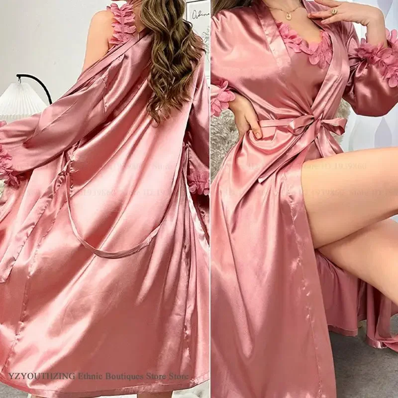 White Ice Silk Bride Wedding Twinset Robe Set Nightgown Sexy Long Kimono Gown Bathrobe Loose Casual Loungewear Sleepwear Lingeri