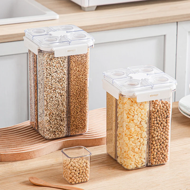 2023 New Cereal  Grain Dispenser, 4-Compartment Airtight Food Storage Containers Nuts Jars Seal Box for kitchen Storage Organiza