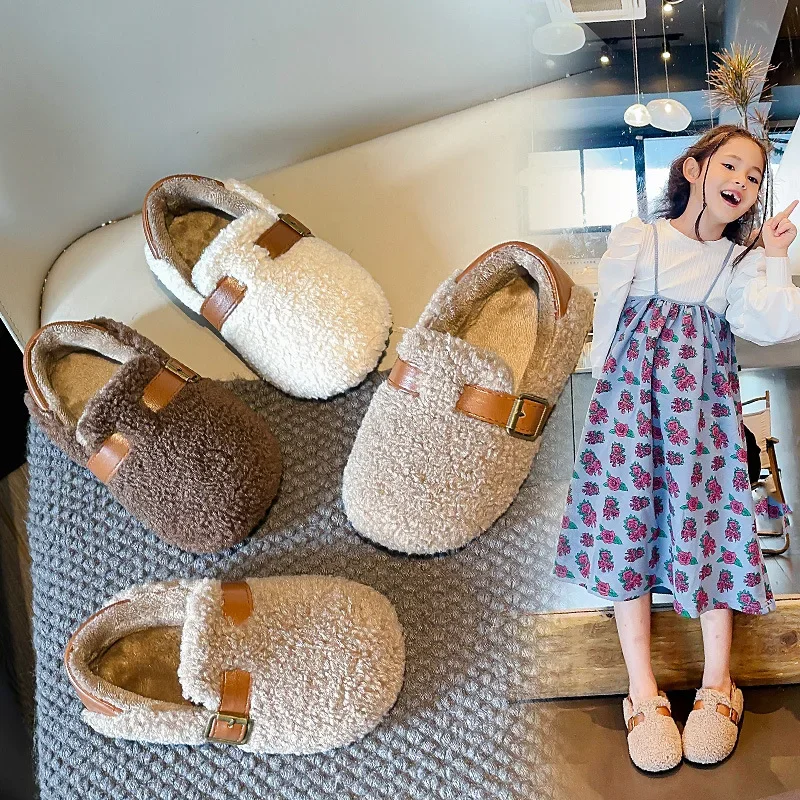 Children Winter Loafers Buckle Plush Furry Warm Leisure Boys Flat Shoes Slip-on Comfy Kids Wool Rolled Girls Cotton Boots 21-36