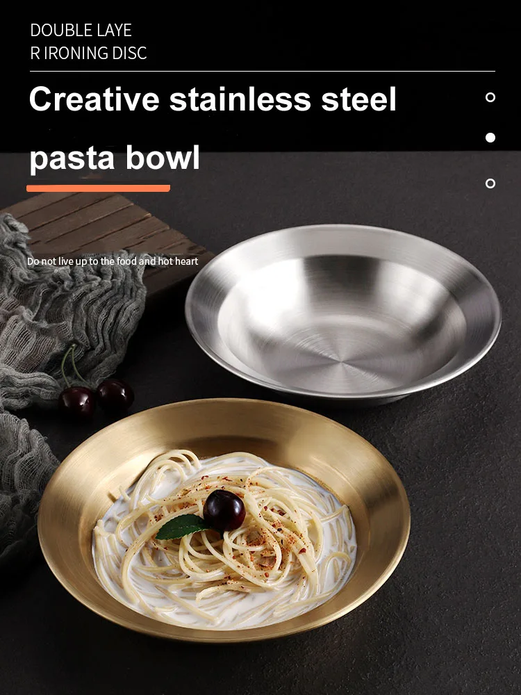 Metal dining plate Korean style stainless steel hat shaped dish plate Household wide edge salad plate Thickened pasta plate