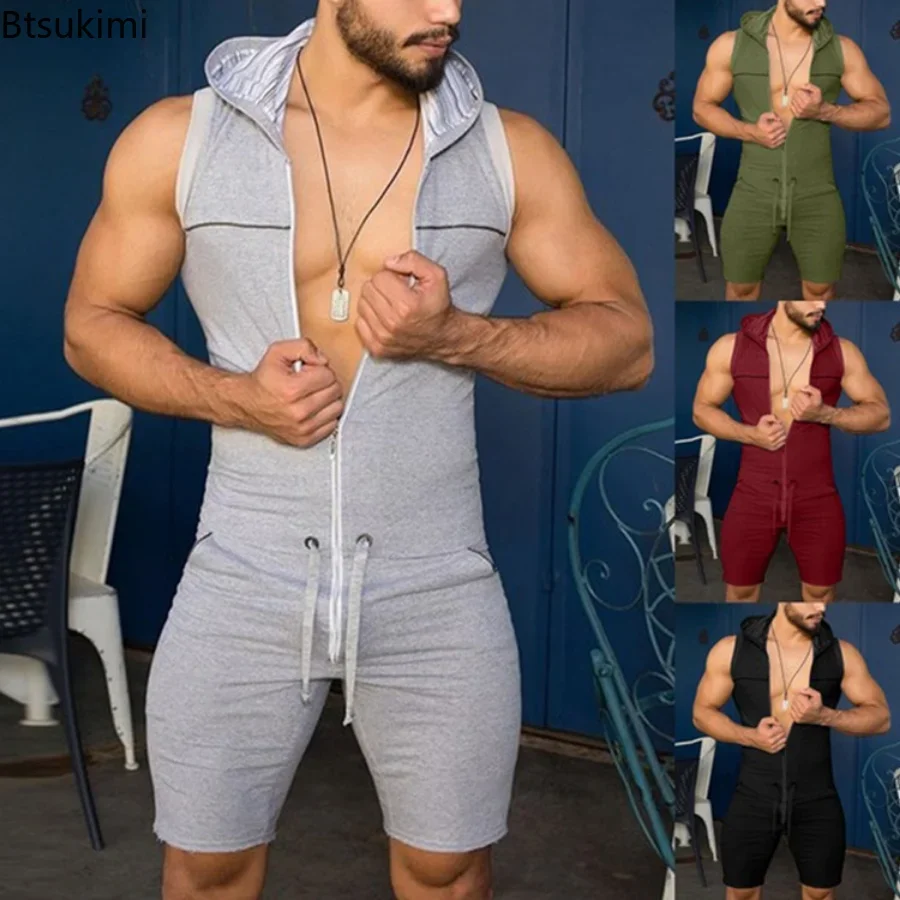 New 2024 Men\'s One Piece Tight Fitness Jumpsuit Zipper Sleeveless Hooded Rompers with Pockets Male Fashion Rompers Pajamas Sets