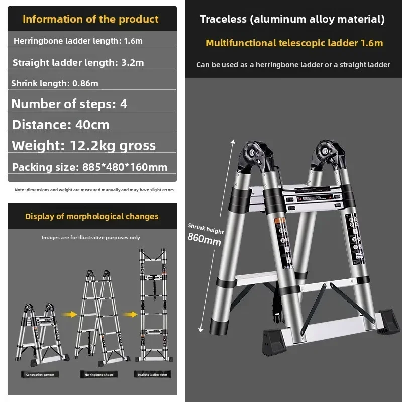 multi-functional Thickened aluminum alloy herringbone household ladder, lifting bamboo joint telescopic ladder, attic ladder