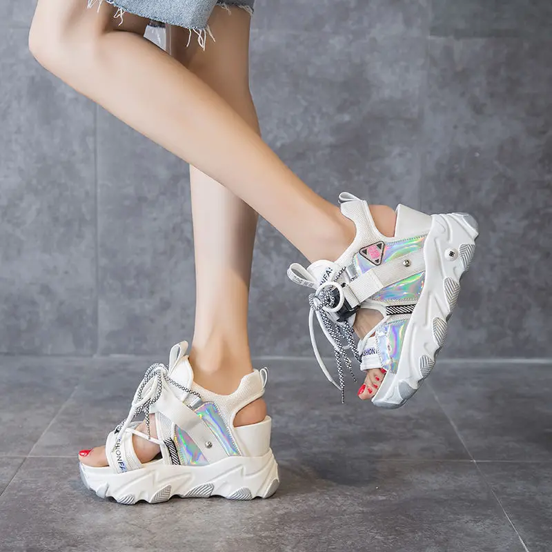 Comemore Leisure Lady Platform Chunky Sandals Mixed Color Shoes Sports Wedge White Sandals Women High Heel Beach Casual Shoes 34