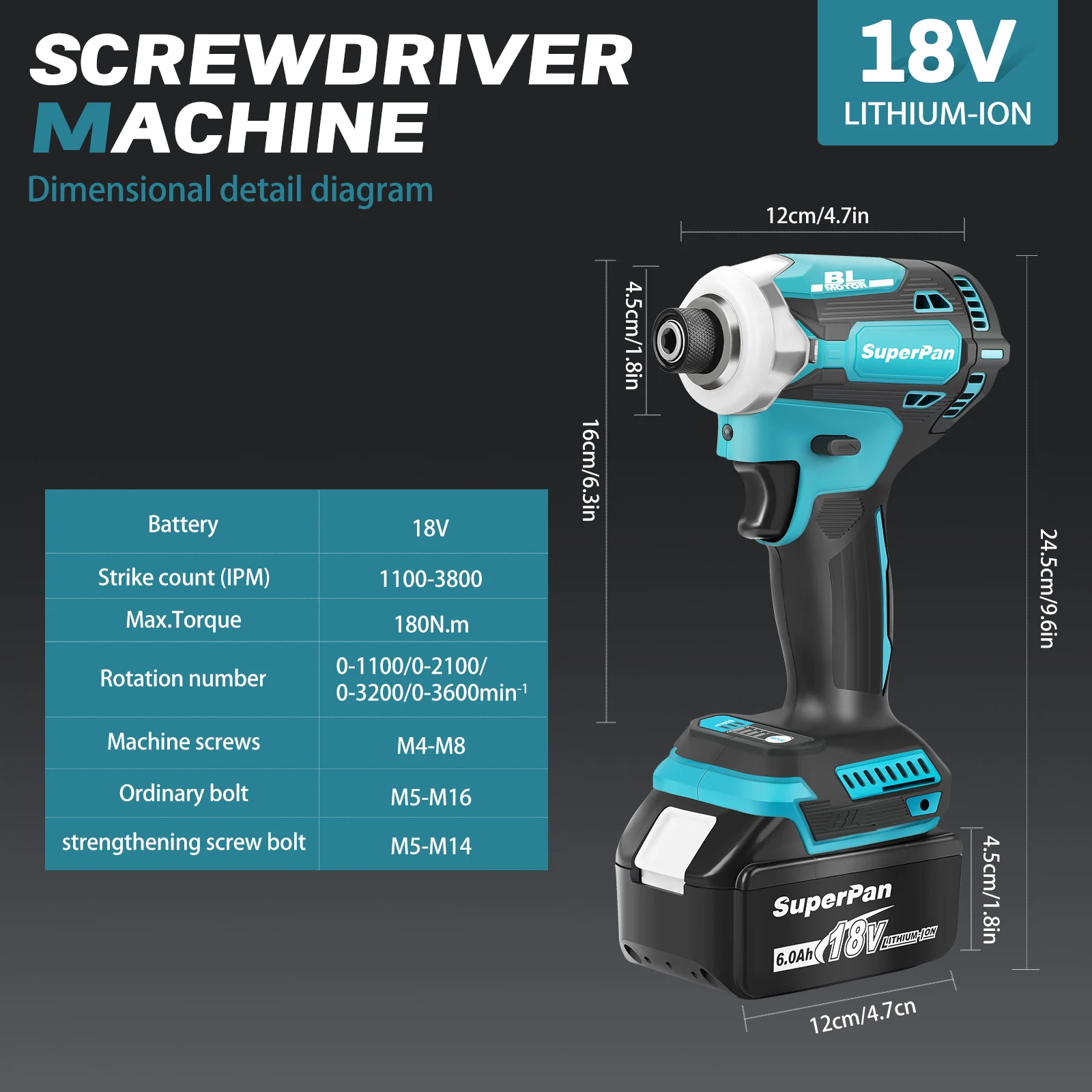 

SuperPan SP171 Drop-Resistant Lightweight Cordless Impact Screwdriver for Makita 18V battery specs