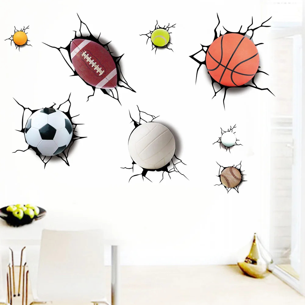 3D Broken Wall Football Basketball Baseball Cartoon Wall Stickers Bedroom Children's Room Background Decorative Wall Stickers