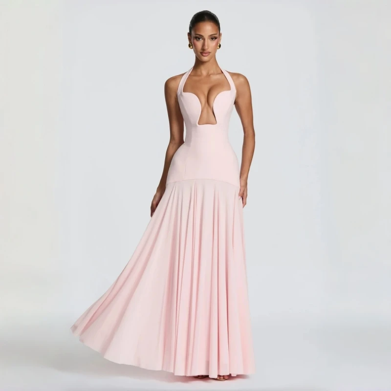 

Halter Neck Deep V Corset Pleated Maxi Evening Gown Lace-Up Back Formal Dress For Women Party Cocktail Wedding robes de soirée