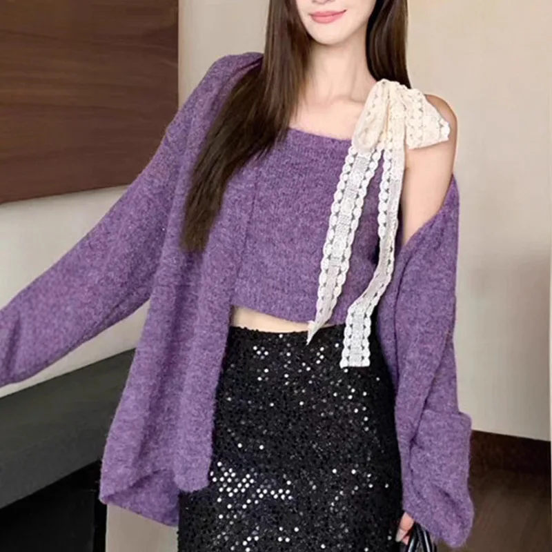 

Lace Tie Vest Knitted Cardigan Two-piece Set with Gentle Spring and Autumn Style Design Women's Slimming Jacket