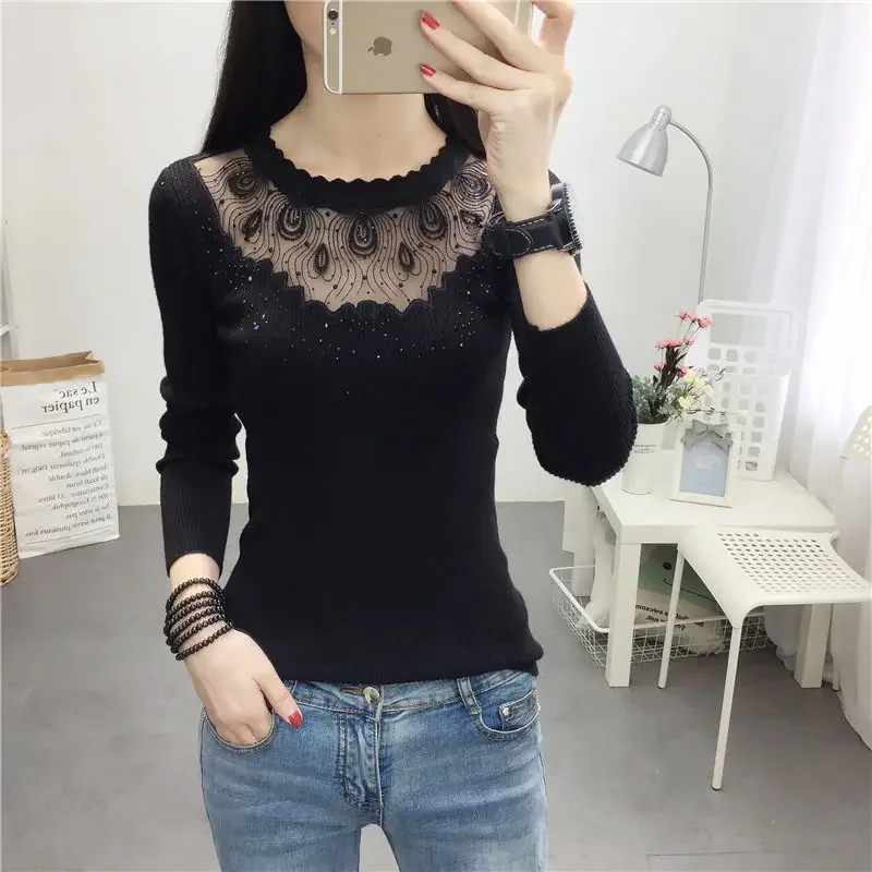 Fashion Rhinestone Lace Bottoming Shirt Women\'s Autumn and Winter Clothing New Slim-Fit Long Sleeve Hollow-out Pullover Sweater