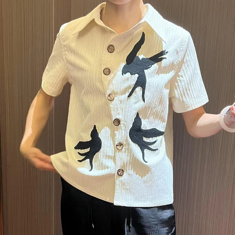 Summer Bird Print Irregular Button Men Short Sleeve Shirt Fashion Business Casual 2xl Oversized Blouse Tops Tee Interview Office