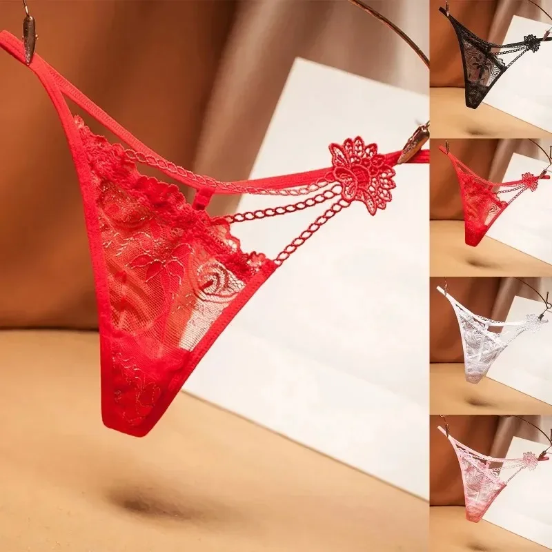 

Sexy Transparent Mesh Women's Mini Thongs Hollow Out Lace Embroidered Panties Chain Ultra-Thin G-String Tangas Para Mujeres