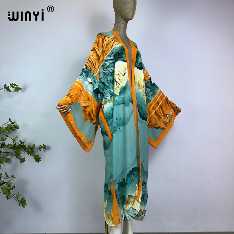 Winyi Kimono Zomer Afrika Boho Print Vrouwen Vest Elegant Boho Maxi Sexy Strandkleding Cover Up Vestidos Longos Kaftan