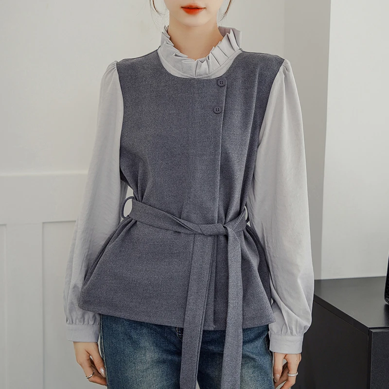 Elegant Fashion Ruffles Collar Women Blouse Contrasting Color Fake Two-Piece Shirt Slim Long Sleeve Office Lady Casual Tops