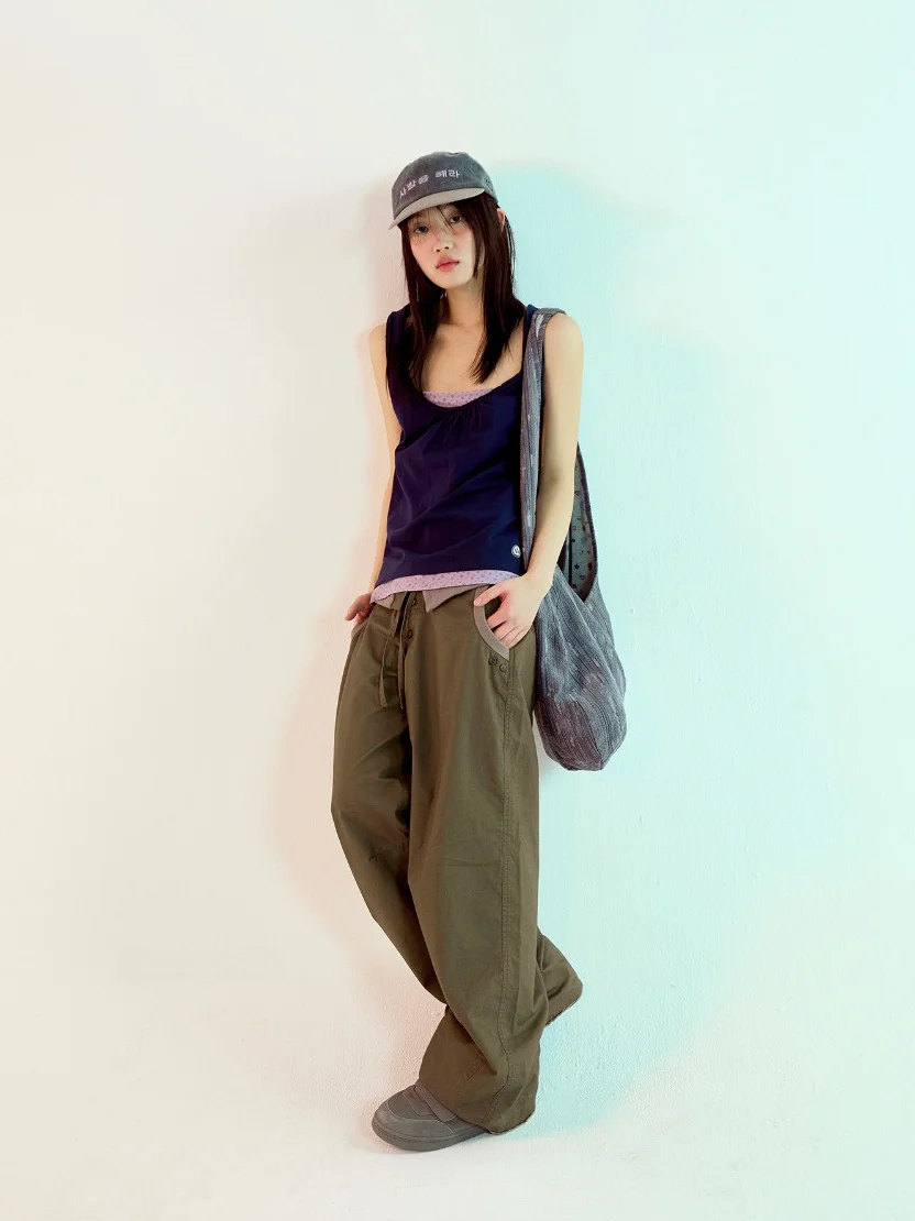 Casual Straight Leg Pants Women's Wide Leg Workwear Trousers Spring Summer New Style Korean Retro Cuffed Waist Drawstring