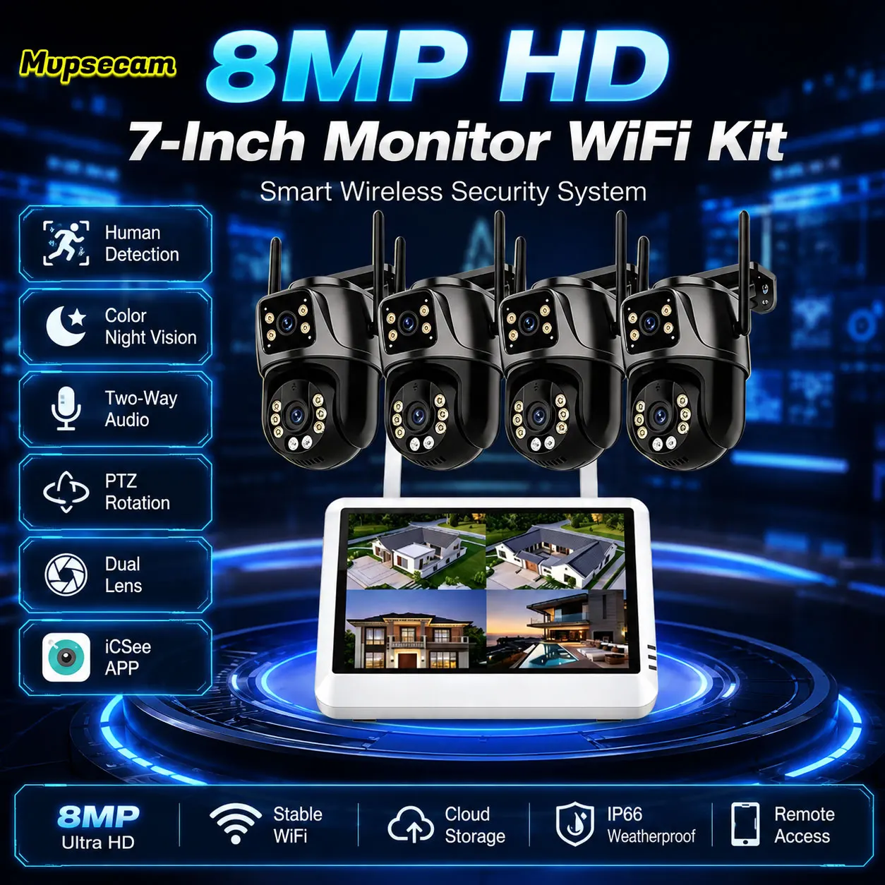 8MP WiFi CCTV Camera System Kit 4CH Including 8CH 5MP Monitor NVR Human Detection Wireless Video Surveillance Camera System