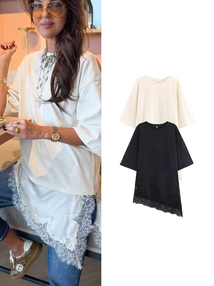 

﻿ Женские шикарные кружевные лоскутные футболки, однотонные повседневные топы с асимметричным подолом и короткими рукавами, новинка 2026, свободный женский наряд