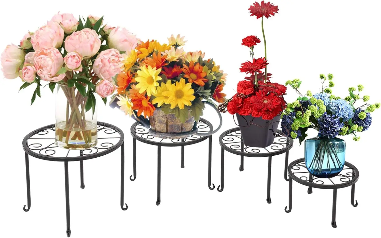Metal Plant Stand 4 in 1 Potted Irons Planter Holder, Flower Pot Stand Black Baking Paint for Indoor and Outdoor, Home, Garden