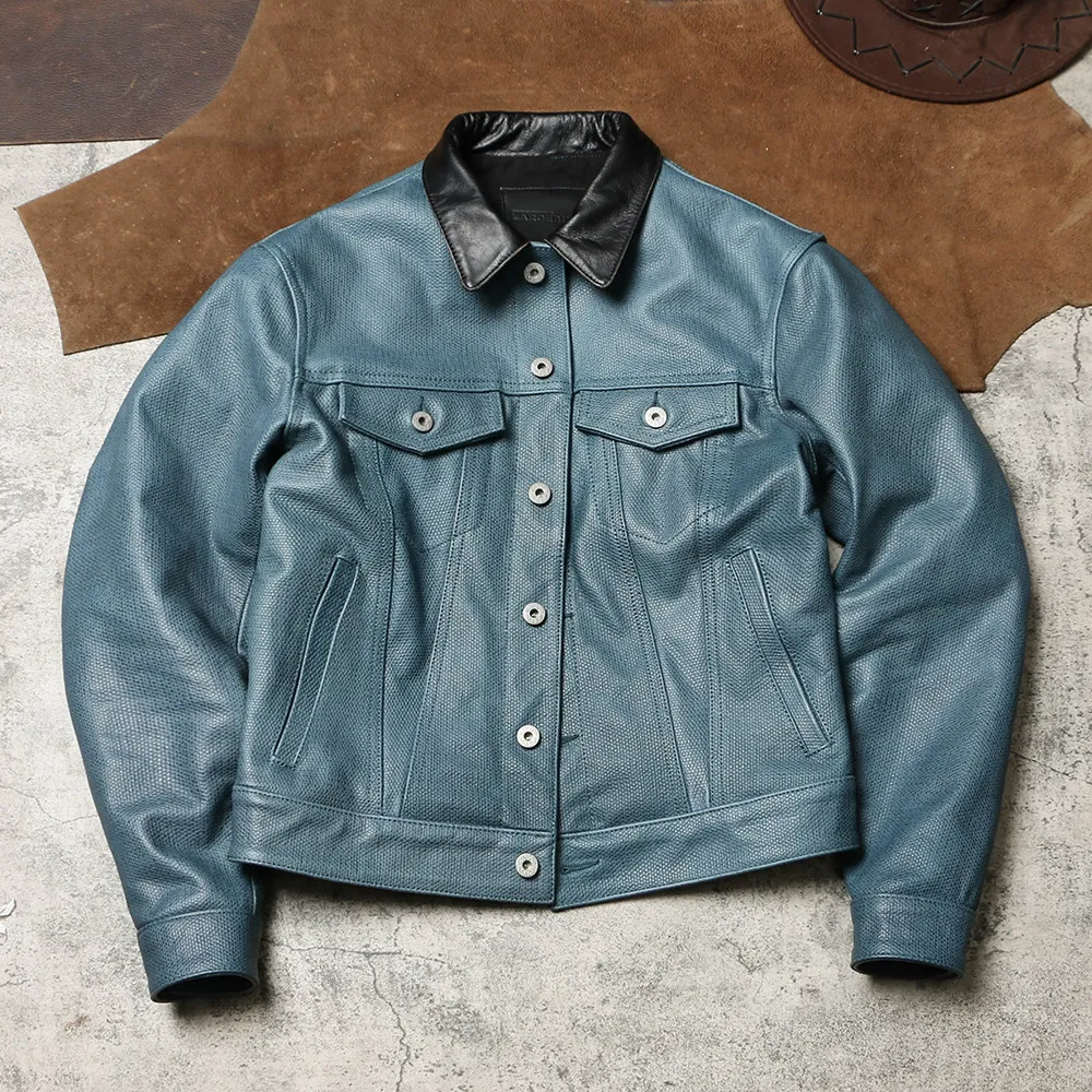 507 Denim Style Work Leather Jacket, Cropped Slim Fit Top Grain Cowhide Coat Imitation Canvas Texture Genuine Leather Coat