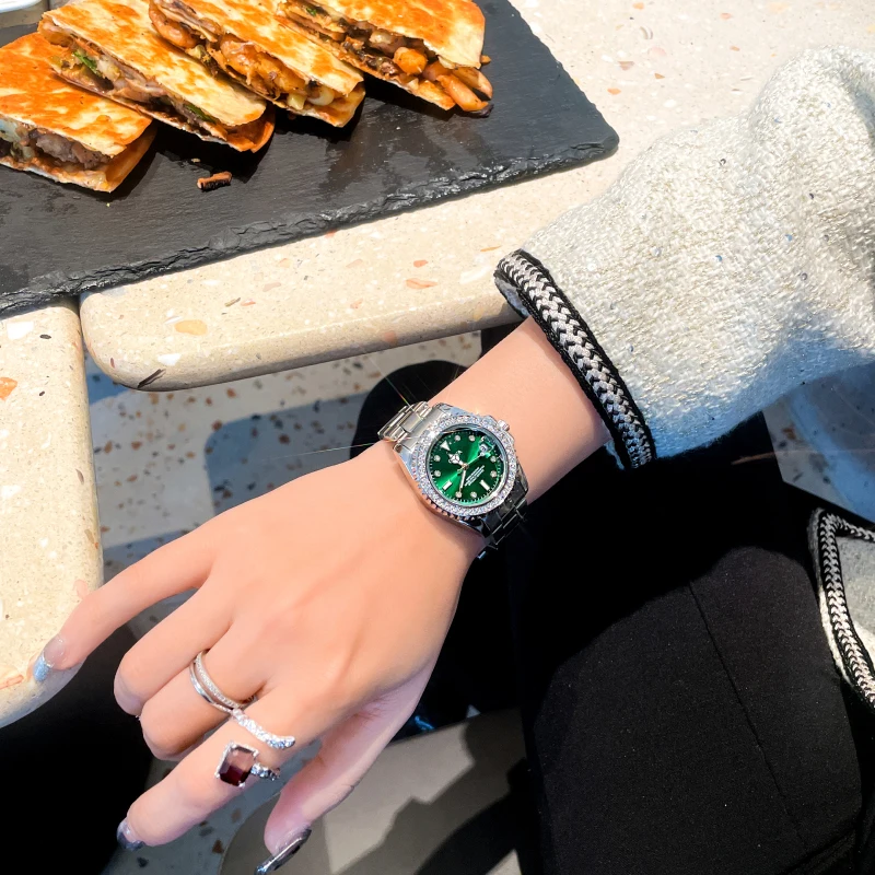 Роскошные брендовые водонепроницаемые часы, классический зеленый циферблат, бриллиантовый Безель, нержавеющая сталь, кожа, женские наручные часы