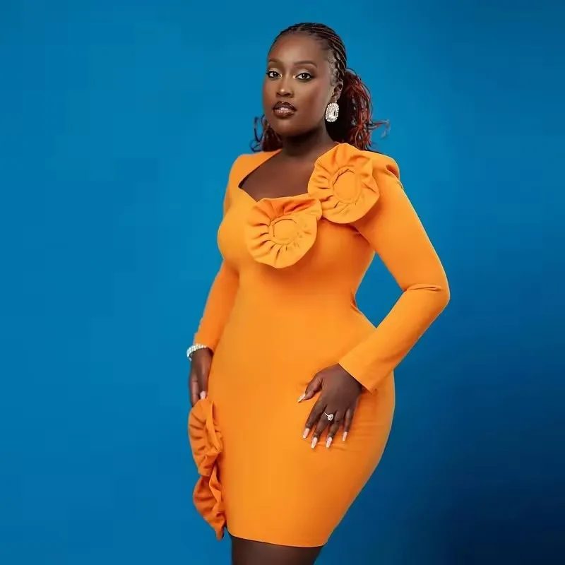 

Orange Satin Aso Ebi Prom Dress Long Sleeves 3d Flowers Sheath Above Knee Evening Gowns Women Formal Party Dress